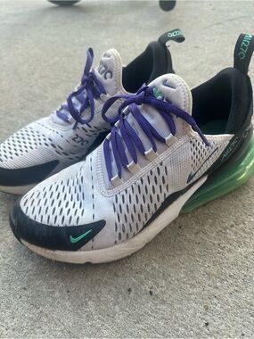 Nike White Sneakers with Purple Laces and Green Air Unit